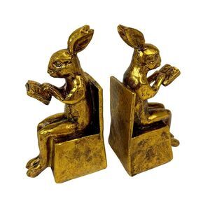 Antique Gold Rabbit Bookends Set of 2 Resin Bookworm Decor 6.75 Inch